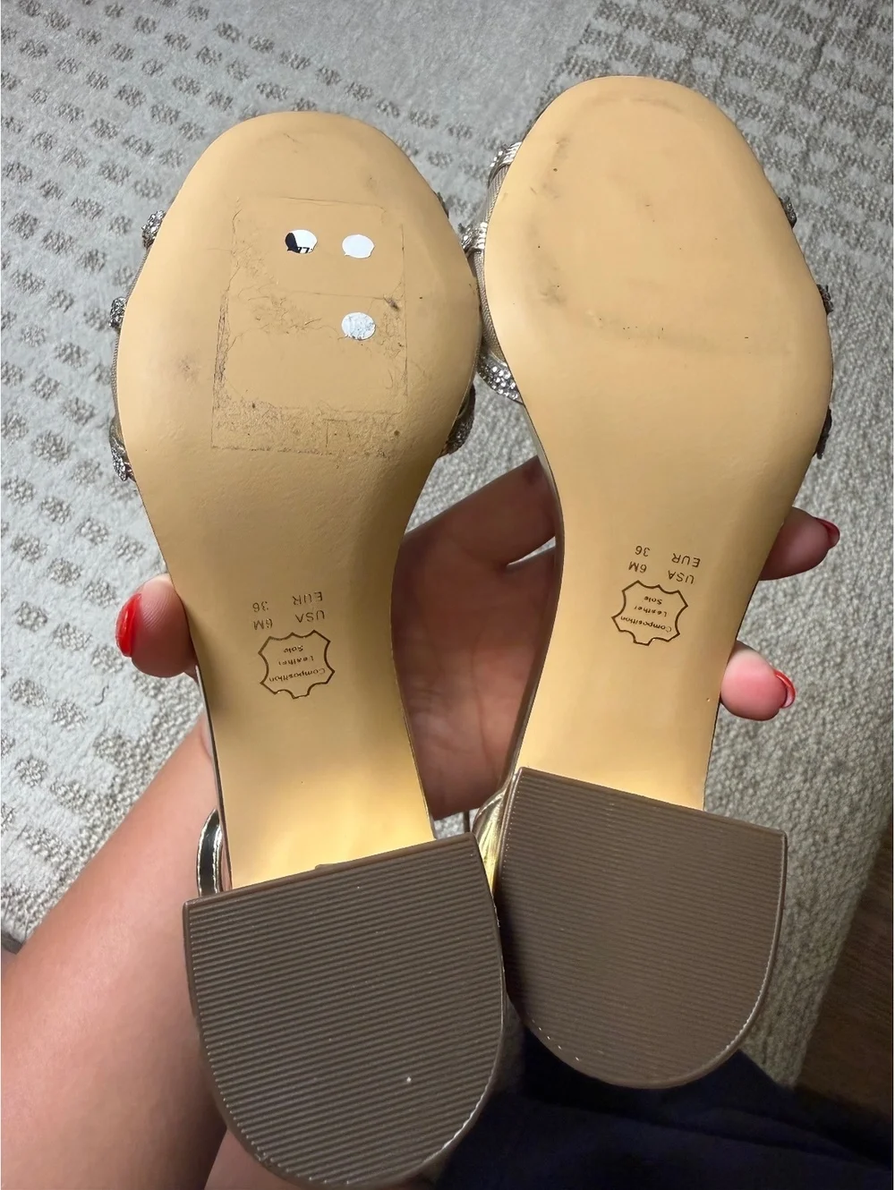 Nina Gold Rhinestone Ankle Strap Block Heel Sandals